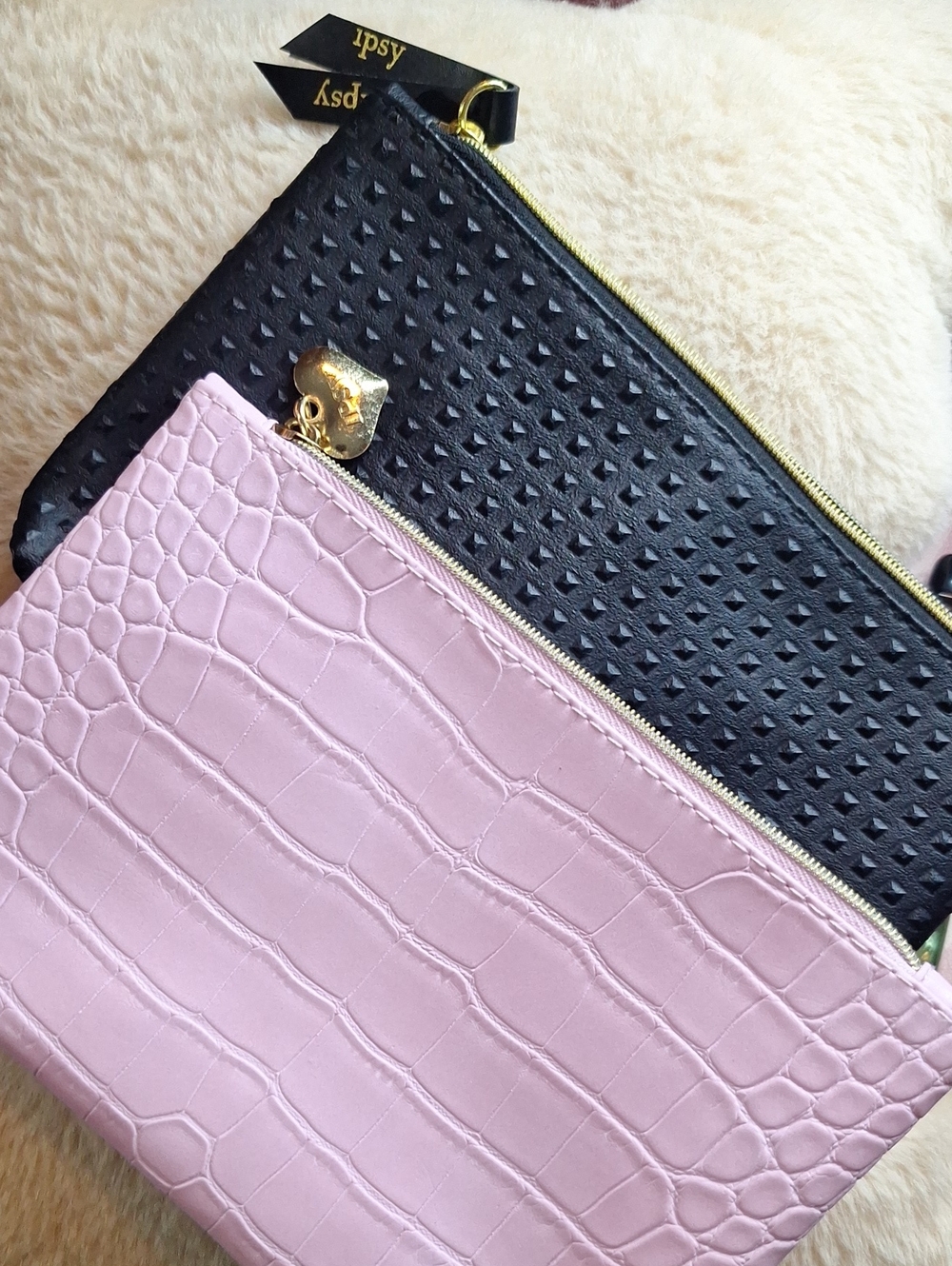 ipsy Black Textured and Pink Faux-Croc Double Pouch Set